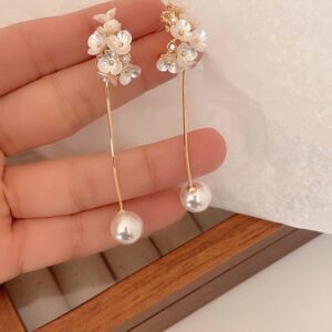 Cualque White Pearl Flower Drop Earrings 925 Sterling Silver Post Long Fringe Pearl Pendant Petal Stud Dangle Statement Earring for Women (Pearl Flower)