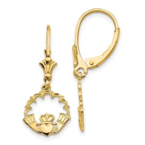 auriga fine jewelry 14k yellow gold claddagh in circle dangle earrings with leverback, (l-30 mm, w-11 mm) gift for women