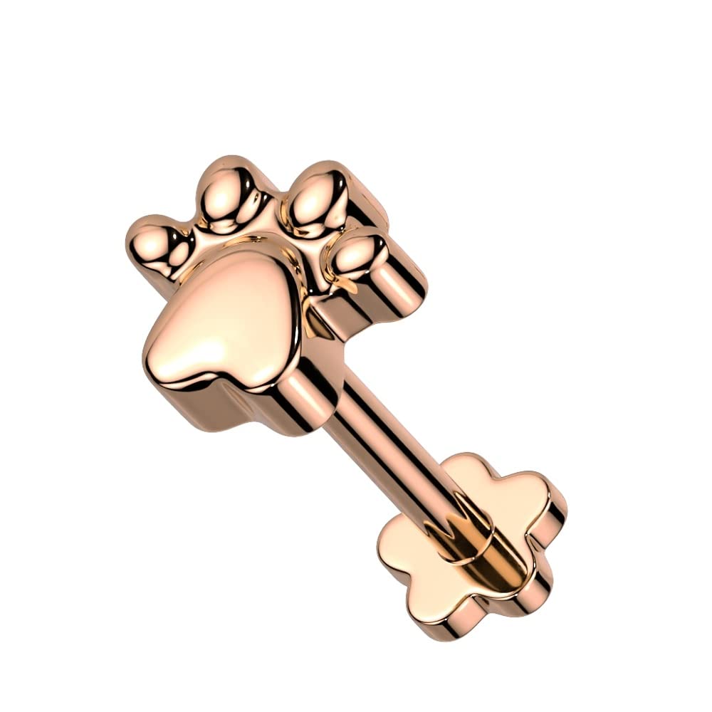 Pierced Owl 16GA G23 Implant Grade Titanium Paw Print Top Threadless Push-in Flower Flat Back Stud (Rose Gold Tone)