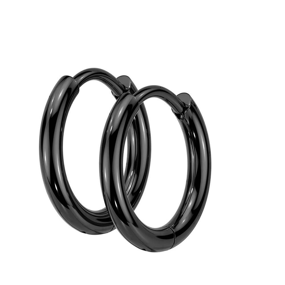 18GA 316L Stainless Steel 2mm Thick Hinged Round Hoop Earrings, Sold as a Pair (8mm Diameter, Black)