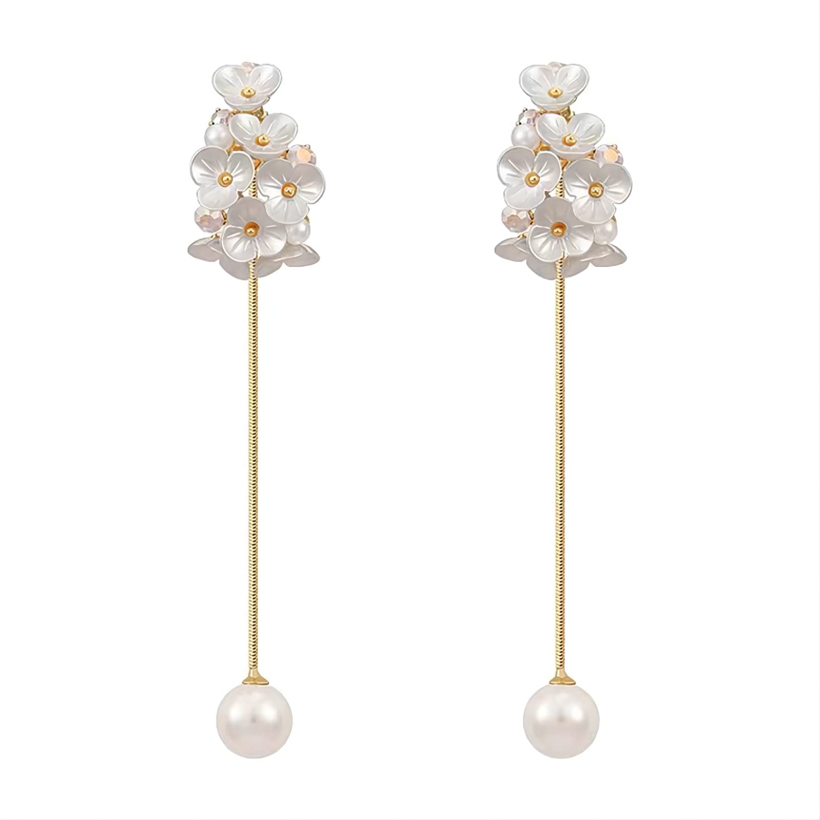 Cualque White Pearl Flower Drop Earrings 925 Sterling Silver Post Long Fringe Pearl Pendant Petal Stud Dangle Statement Earring for Women (Pearl Flower)