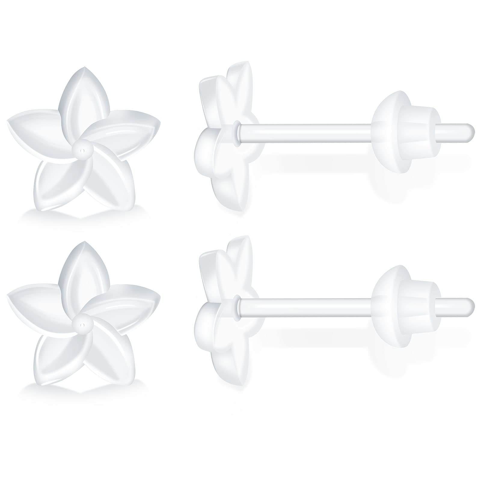 Clear Plastic Earrings for Sports,20g Clear Earrings Spacers Invisible Plastic Post Earrings for Sensitive Ears (6 Pairs Clover Stud Earrings)