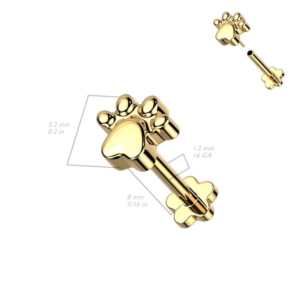 Pierced Owl 16GA G23 Implant Grade Titanium Paw Print Top Threadless Push-in Flower Flat Back Stud (Rose Gold Tone)