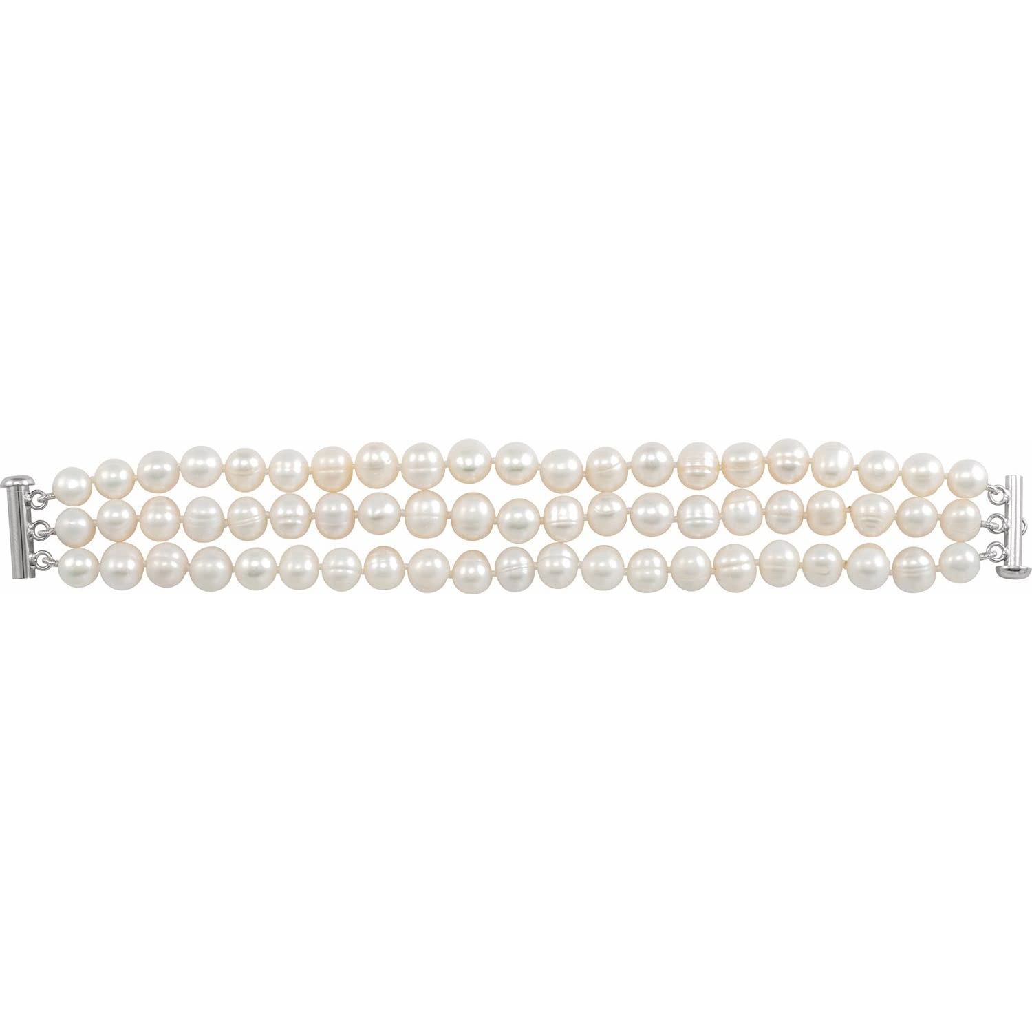 Auriga Fine Jewelry 925 Sterling Silver White Freshwater Cultured Pearl Triple Strand 7.25' Bracelet 8-9 mm Gift for Women