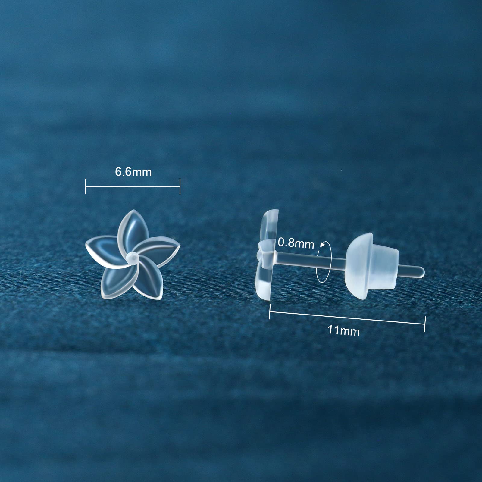 Clear Plastic Earrings for Sports,20g Clear Earrings Spacers Invisible Plastic Post Earrings for Sensitive Ears (6 Pairs Clover Stud Earrings)