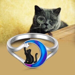 Black Cat Ring Sterling Silver Cat Rings for Women 925 Cute Animal Kitty On Moon White Gold Pet Remembrance Memorial Loss Jewelry Gifts Size 8