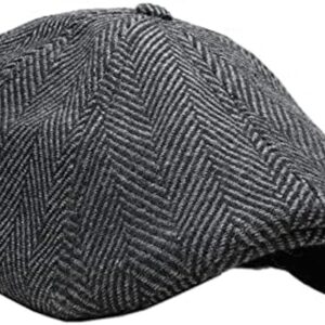 The Original Boston Scally Cap - The Peaky Newsboy Flat Cap - 8 Panel Cotton Fitted Hat for Men - Grey Herringbone