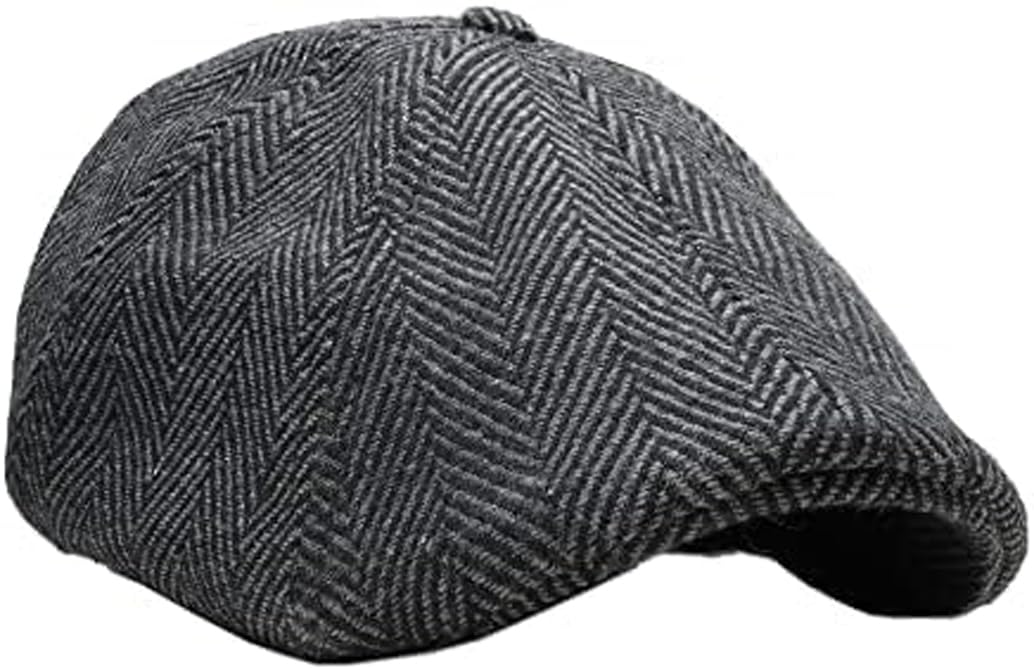 The Original Boston Scally Cap - The Peaky Newsboy Flat Cap - 8 Panel Cotton Fitted Hat for Men - Grey Herringbone