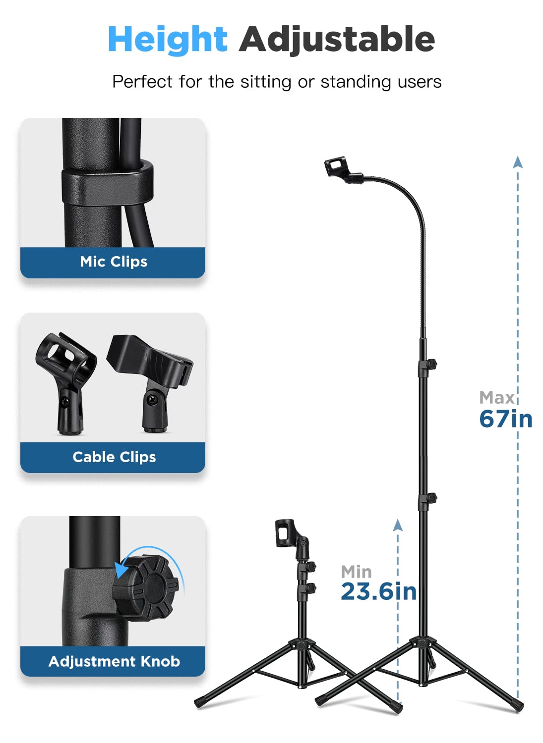 Mic Stand, Bietrun Metal Gooseneck Boom Arm Mic Stand Tripod, Height＆360° Adjustable, with Carrying Bag & 2 Mic Clips,Compatible with Wireless Mic＆Wired Mics for Singing/Wedding/Church/Stage/Party