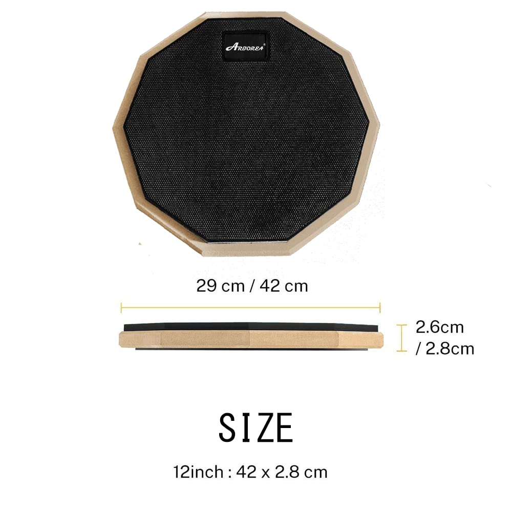 Arborea 12 Inch Drum Pad Rubber Practice Pad Dumb Drum with 5A Hickory Drum Sticks & Storage Bag Black Practice Drum Pad (Black)