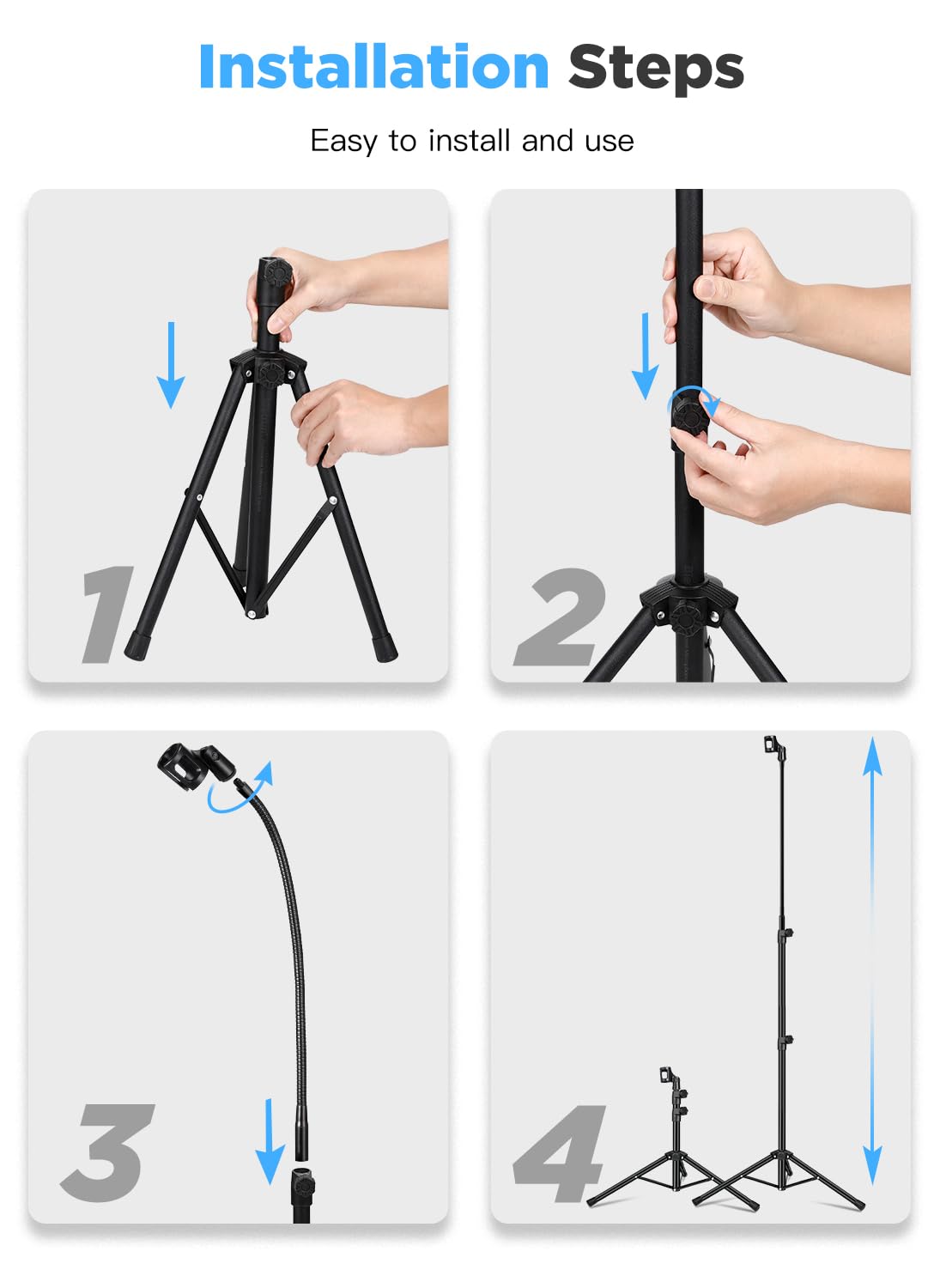 Mic Stand, Bietrun Metal Gooseneck Boom Arm Mic Stand Tripod, Height＆360° Adjustable, with Carrying Bag & 2 Mic Clips,Compatible with Wireless Mic＆Wired Mics for Singing/Wedding/Church/Stage/Party