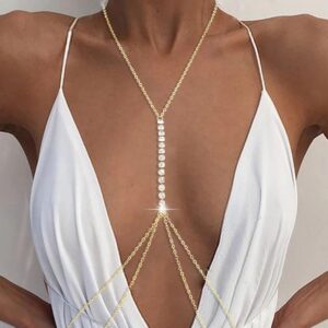 Jerany Gold Rhinestone Body Chain Crystal Bikini Body Jewelry Heart Layered Body necklaces Nightclub Waist Belly Chain for Women