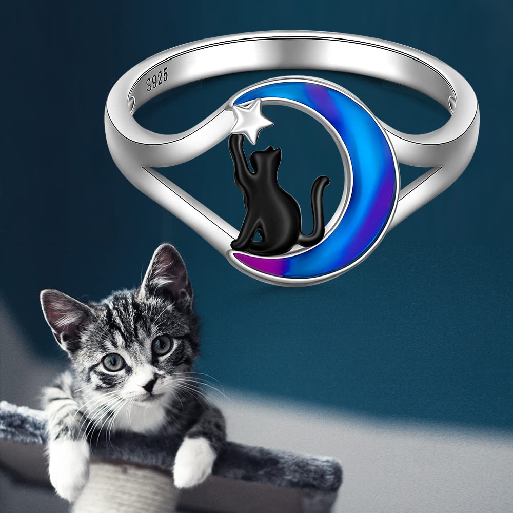 Black Cat Ring Sterling Silver Cat Rings for Women 925 Cute Animal Kitty On Moon White Gold Pet Remembrance Memorial Loss Jewelry Gifts Size 8