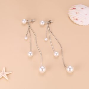 SLUYNZ Sterling Silver Pearls Dangle Earrings Chain for Women Teen Girls Wedding Dangle Earrings Long Tassel (A-Silver)