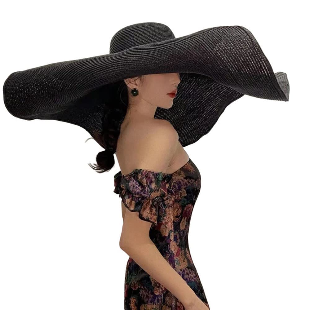 Oversized Beach Hat for Woman, Large Wide Brim Sun Hats, Floppy Foldable Giant Straw Hats for Women, Packable UV Protection Summer Hats for Ladies Black