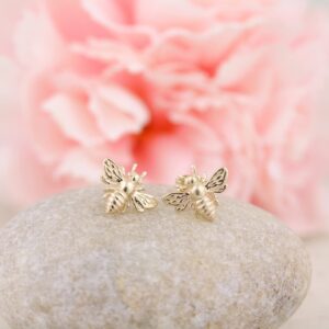 Solid 14k Gold 3D Tiny Golden Bee Earrings, Studs, Endless Hoop, French Hooks Styles (Studs, Yellow Gold)