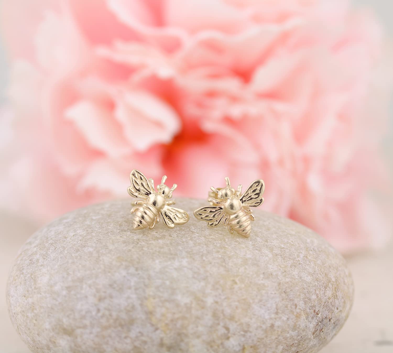 Solid 14k Gold 3D Tiny Golden Bee Earrings, Studs, Endless Hoop, French Hooks Styles (Studs, Yellow Gold)