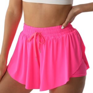 flowy athletic shorts for women running tennis butterfly shorts girls 2-in-1 double layer quick-drying comfy shorts (x-small, hot-pink)