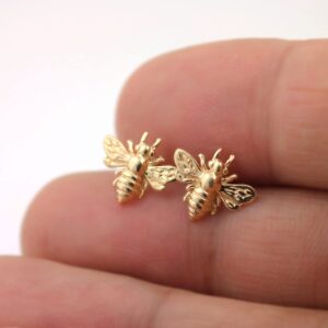 Solid 14k Gold 3D Tiny Golden Bee Earrings, Studs, Endless Hoop, French Hooks Styles (Studs, Yellow Gold)