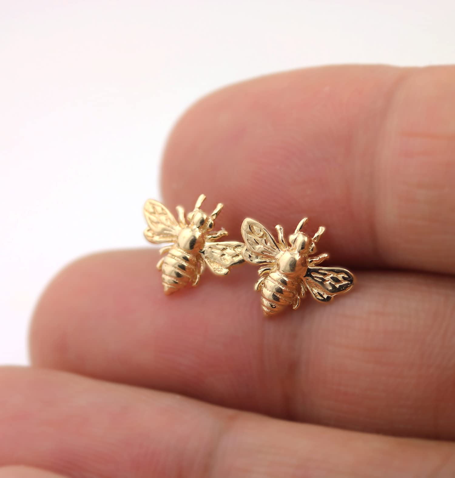 Solid 14k Gold 3D Tiny Golden Bee Earrings, Studs, Endless Hoop, French Hooks Styles (Studs, Yellow Gold)