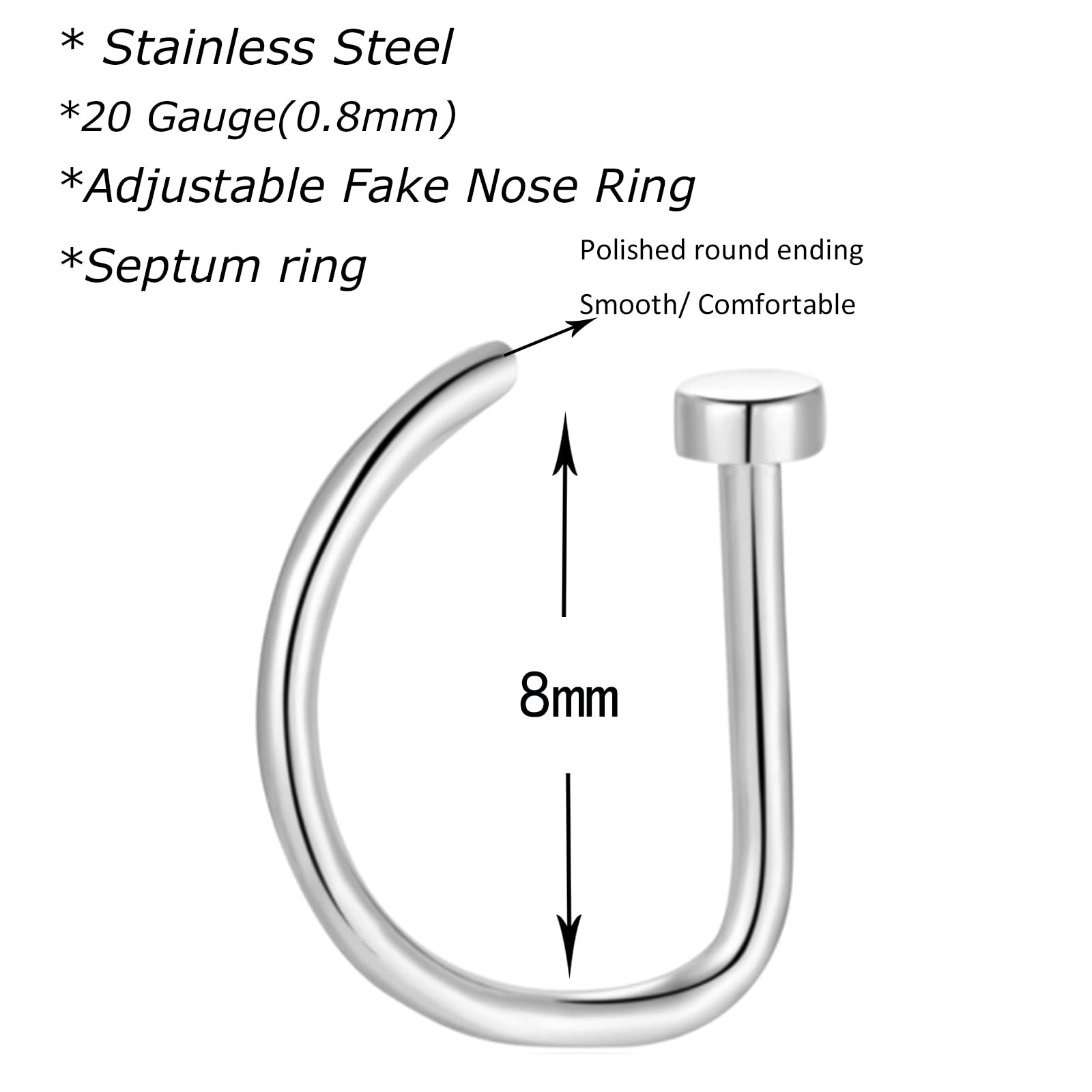 D Shaped Fake Nose Ring Hoops Set, Silver Faux Nose Rings Nose Hoops, Septum Ring for Women