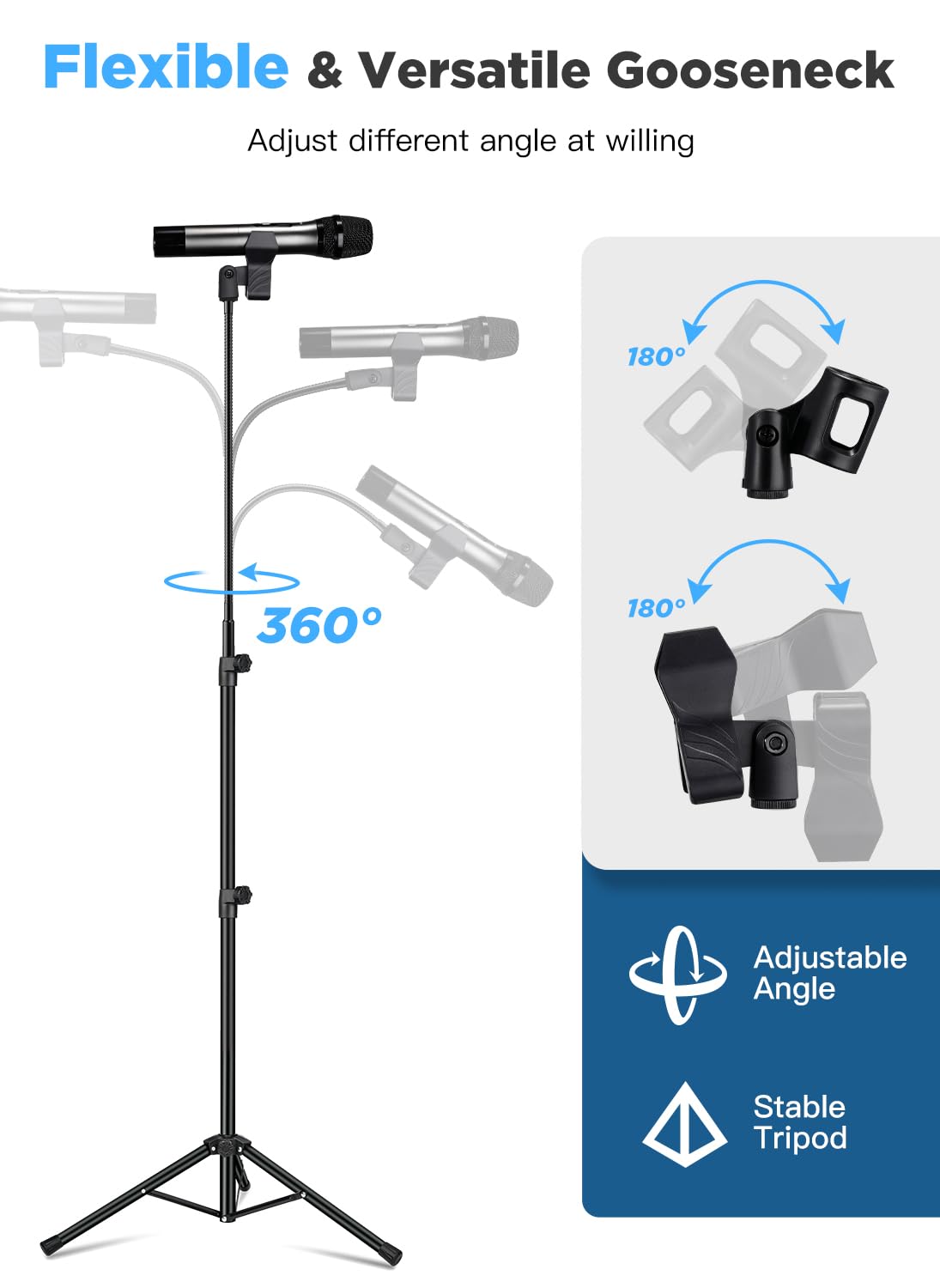 Mic Stand, Bietrun Metal Gooseneck Boom Arm Mic Stand Tripod, Height＆360° Adjustable, with Carrying Bag & 2 Mic Clips,Compatible with Wireless Mic＆Wired Mics for Singing/Wedding/Church/Stage/Party