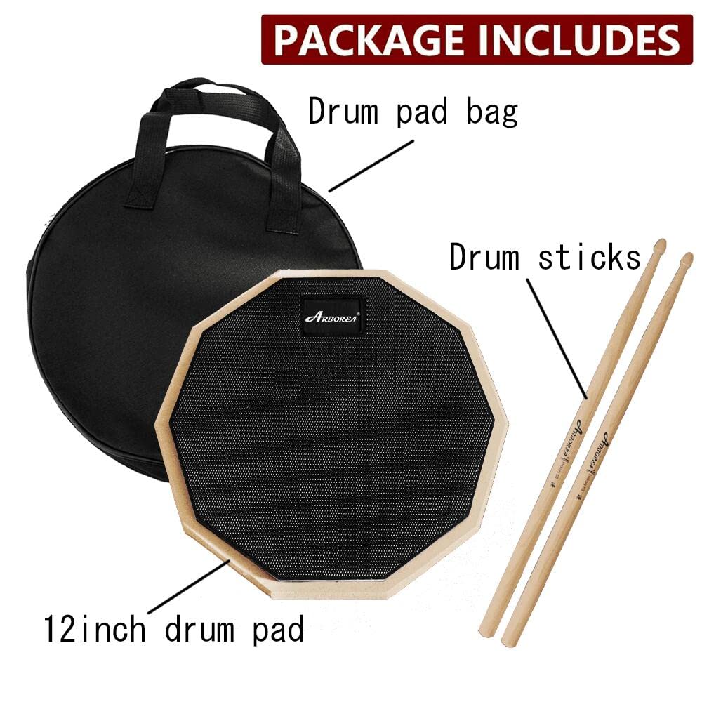 Arborea 12 Inch Drum Pad Rubber Practice Pad Dumb Drum with 5A Hickory Drum Sticks & Storage Bag Black Practice Drum Pad (Black)