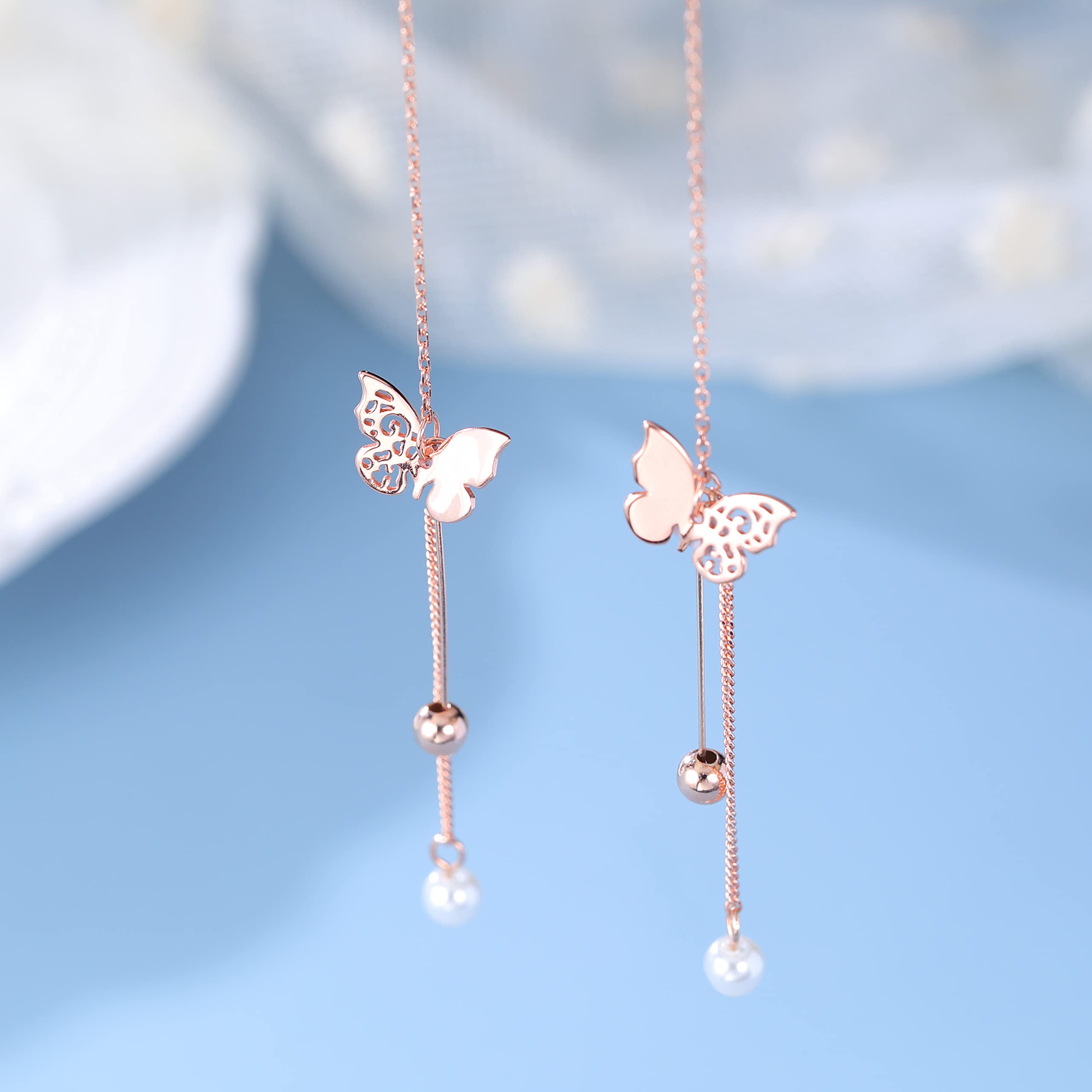 SLUYNZ Sterling Silver Butterfly Threader Earrings Dangle Chain for Women Teen Girls Pearl Long Dangle Earrings Tassel (C-Rose Gold)