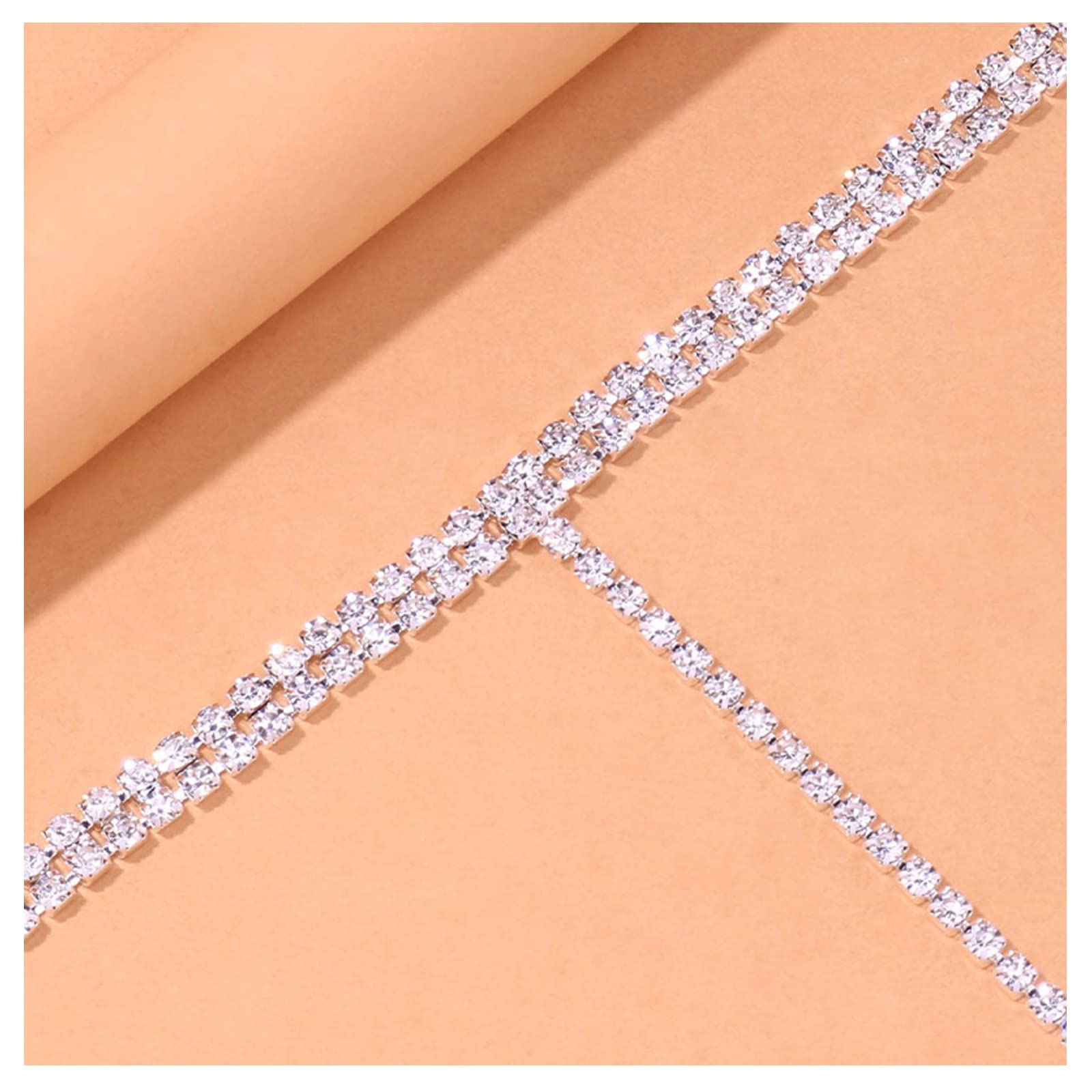 Simple Rhinestone Body Chain Necklace Crystal Choker Bikini Bra Body Chain Jewelry Rhinestone Long Necklace Chain Sexy Waist Belly Chain for Women (Silver)