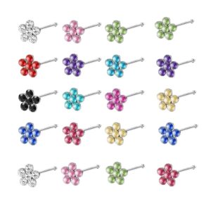 ANDGING 20G Nose Studs Flower I Shaped 20pcs Nose Rings Studs Tragus Piercing Jewelry Lip Earring Cartilage Studs Ear Nose Piercing kit Surgical Stainless Steel 2.0mm Ideal Gift