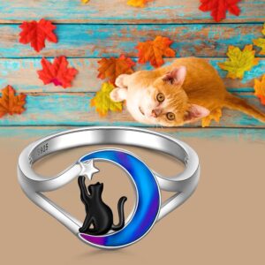 Black Cat Ring Sterling Silver Cat Rings for Women 925 Cute Animal Kitty On Moon White Gold Pet Remembrance Memorial Loss Jewelry Gifts Size 8