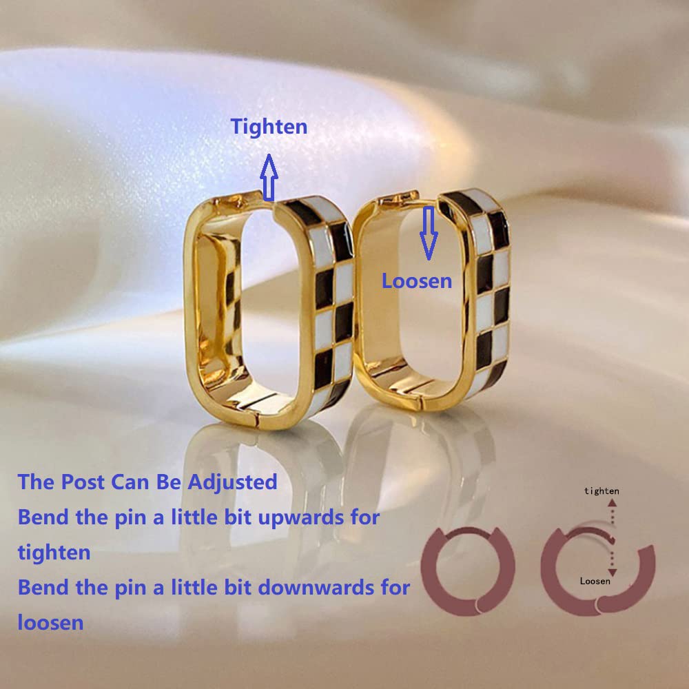 Fashion Checker Chunky Oval Hoop Earrings for Women Dainty 925 Sterling Silver Post 14K Gold Plated Huggie Hoops White Black Enamel Minimalist Hooped Hypoallergenic Gift Her Christmas