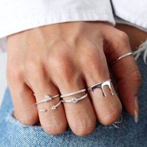 Joliernelle Dripping Ring for Women Silver Stainless Steel Minimalist Statement Band Ring Size 7