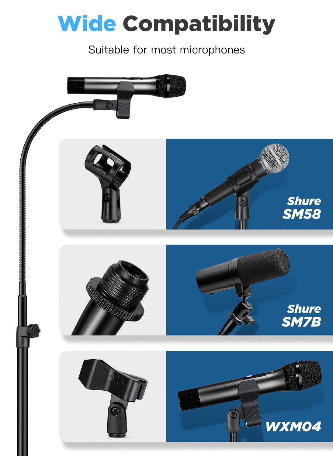 Mic Stand, Bietrun Metal Gooseneck Boom Arm Mic Stand Tripod, Height＆360° Adjustable, with Carrying Bag & 2 Mic Clips,Compatible with Wireless Mic＆Wired Mics for Singing/Wedding/Church/Stage/Party