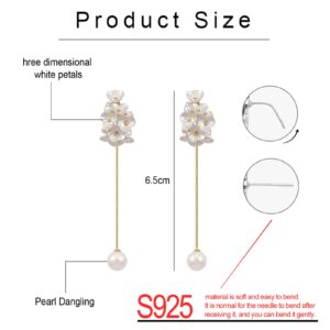 Cualque White Pearl Flower Drop Earrings 925 Sterling Silver Post Long Fringe Pearl Pendant Petal Stud Dangle Statement Earring for Women (Pearl Flower)