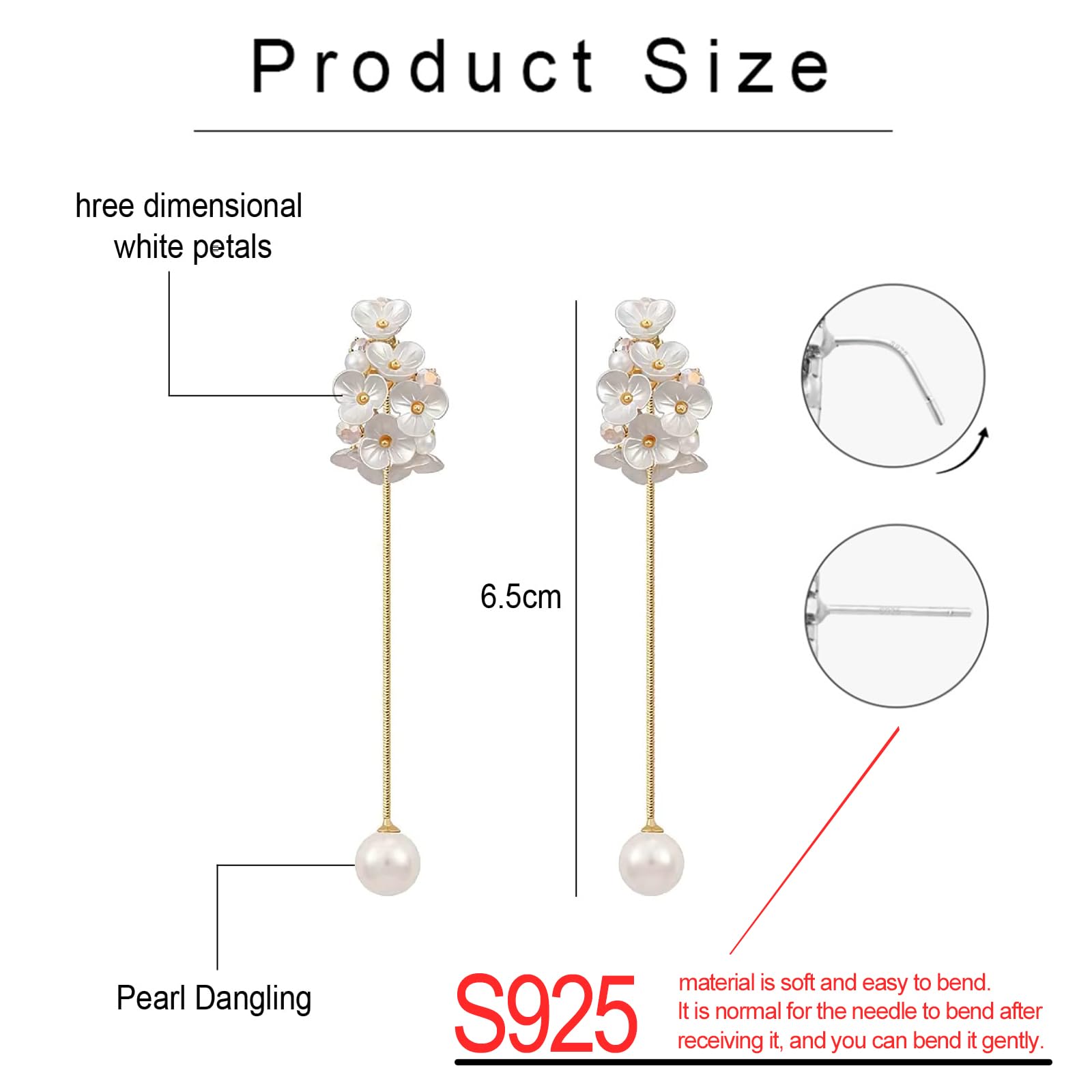 Cualque White Pearl Flower Drop Earrings 925 Sterling Silver Post Long Fringe Pearl Pendant Petal Stud Dangle Statement Earring for Women (Pearl Flower)