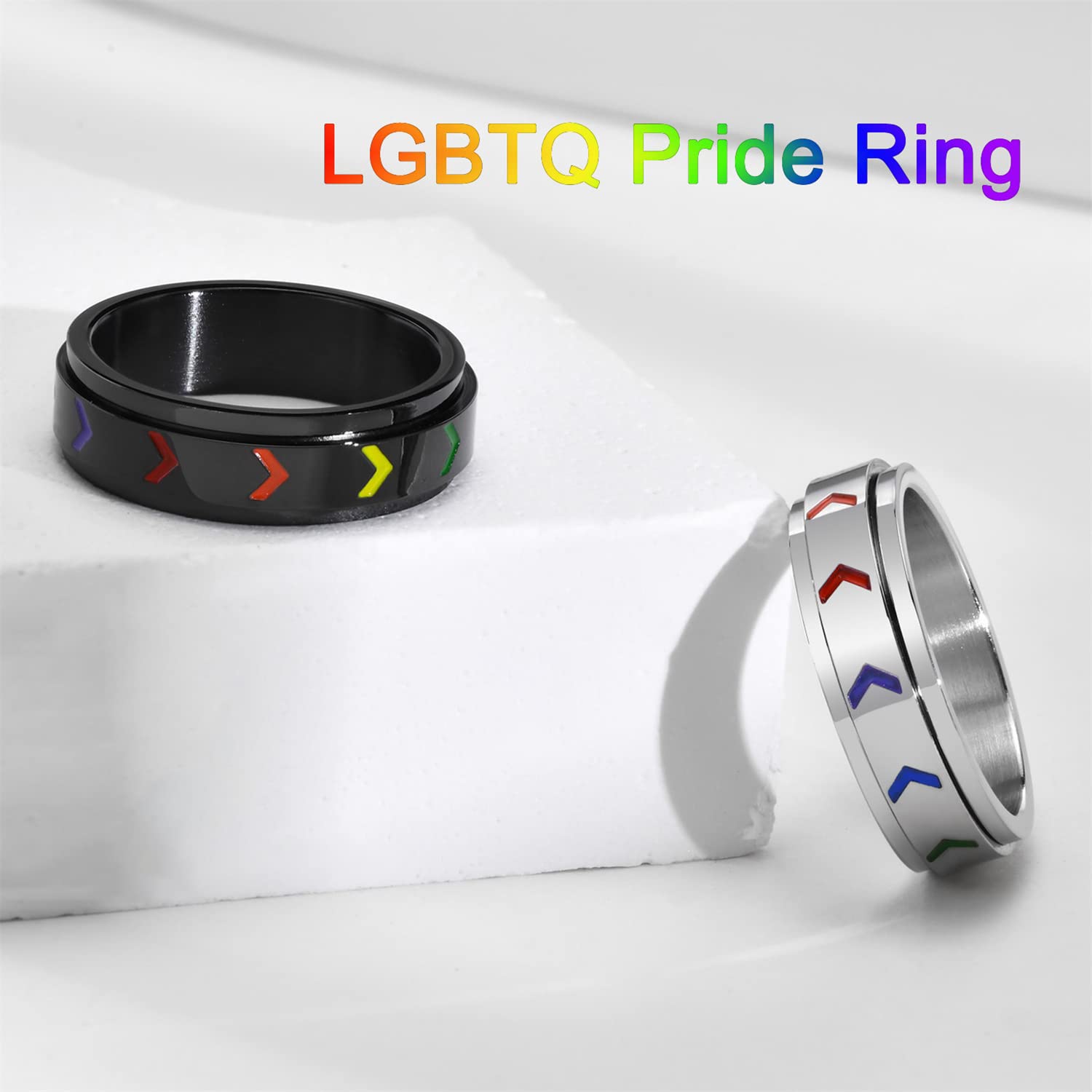 Nanafast Stainless Steel Rainbow Spinner Ring LGBT Pride Ring for Gay & Lesbian Love is Love Rainbow Pride Ring LGBTQ Anxiety Ring for Women Men Black 8