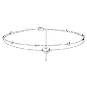 MILACOLATO Anklet for Women 925 Sterling Silver Ankle Bracelet 18K White Gold Plated Heart Beads Layer Ankle Bracelet Ajustable Foot Ankle Bracelet Beach Jewelry, Style F