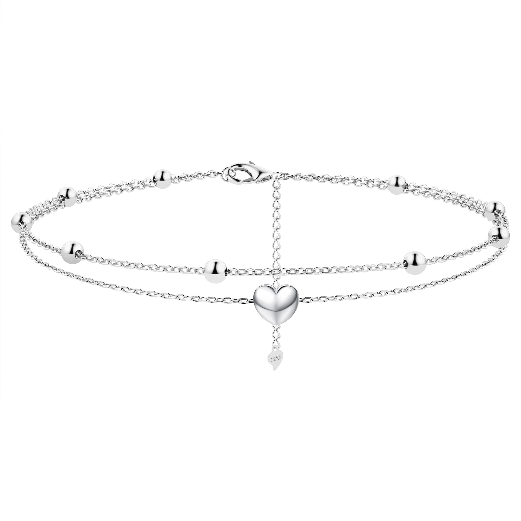 MILACOLATO Anklet for Women 925 Sterling Silver Ankle Bracelet 18K White Gold Plated Heart Beads Layer Ankle Bracelet Ajustable Foot Ankle Bracelet Beach Jewelry, Style F