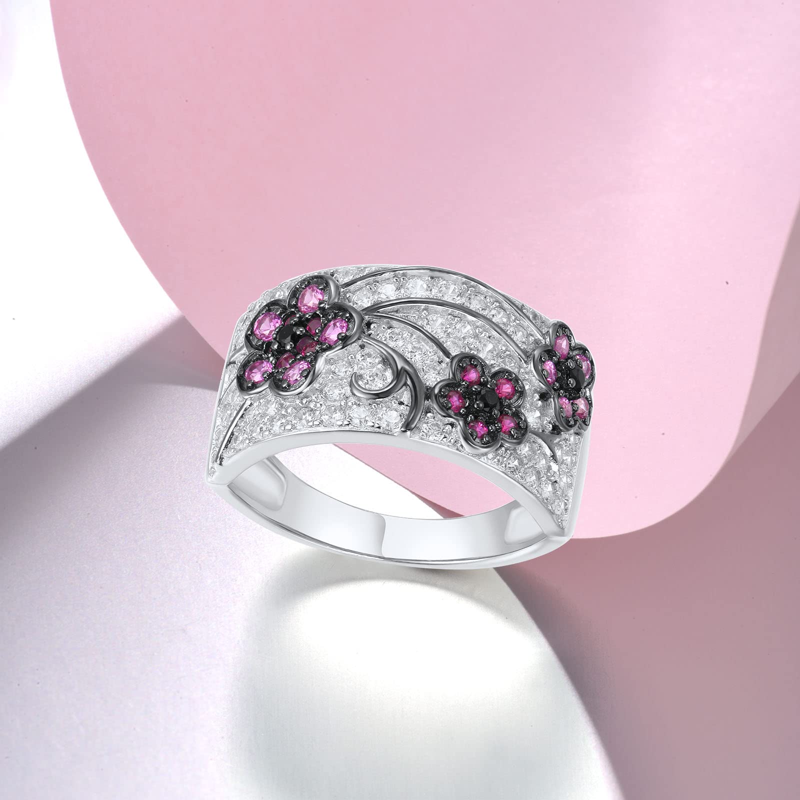 Santuzza Cherry Blossom Ring 925 Sterling Silver Cubic Zirconia Pink Sapphire Flower Band Ring for Women (10)