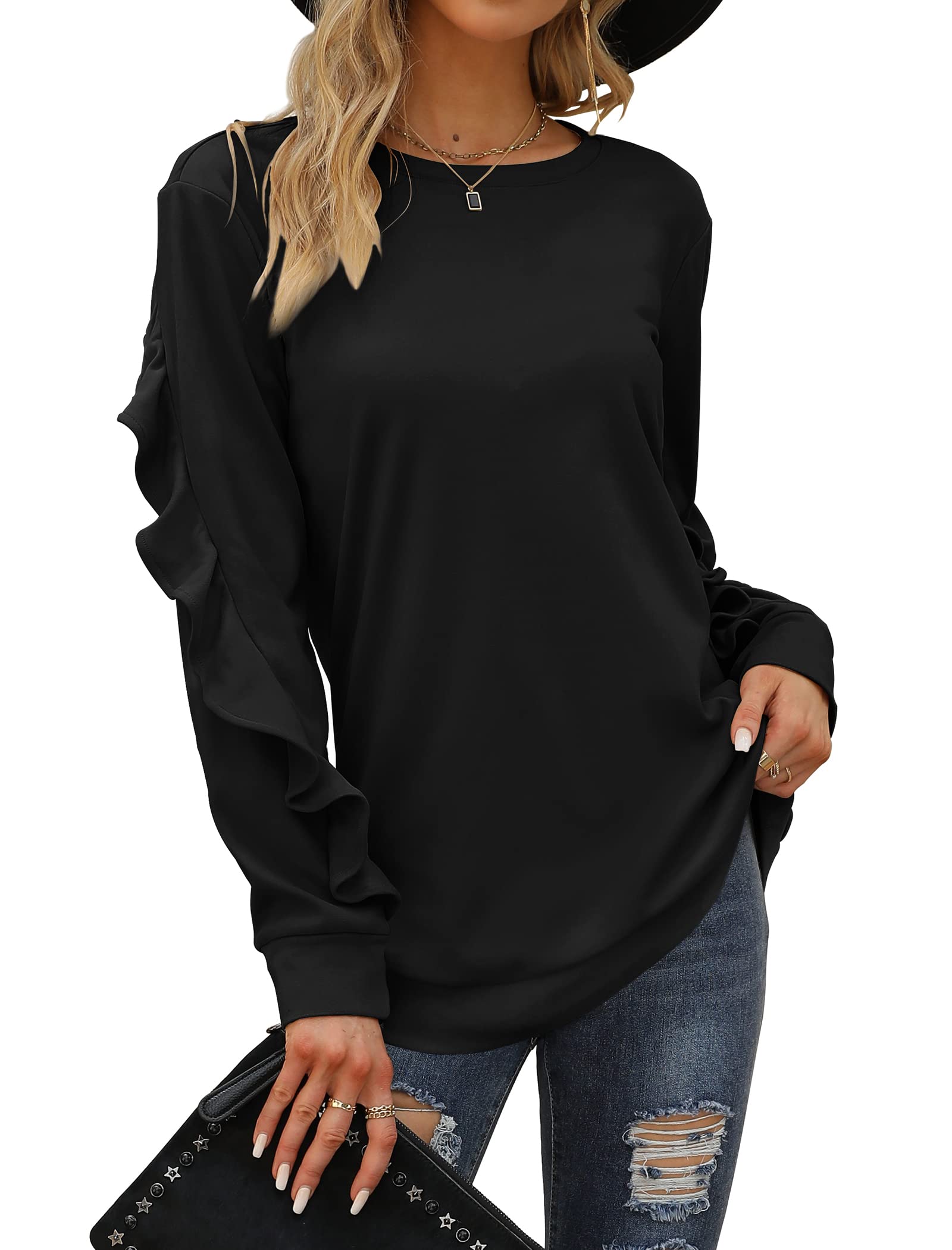 Saloogoe Womens Sweatshirt Ruffle Long Sleeve Tops Fall Clothes Black M