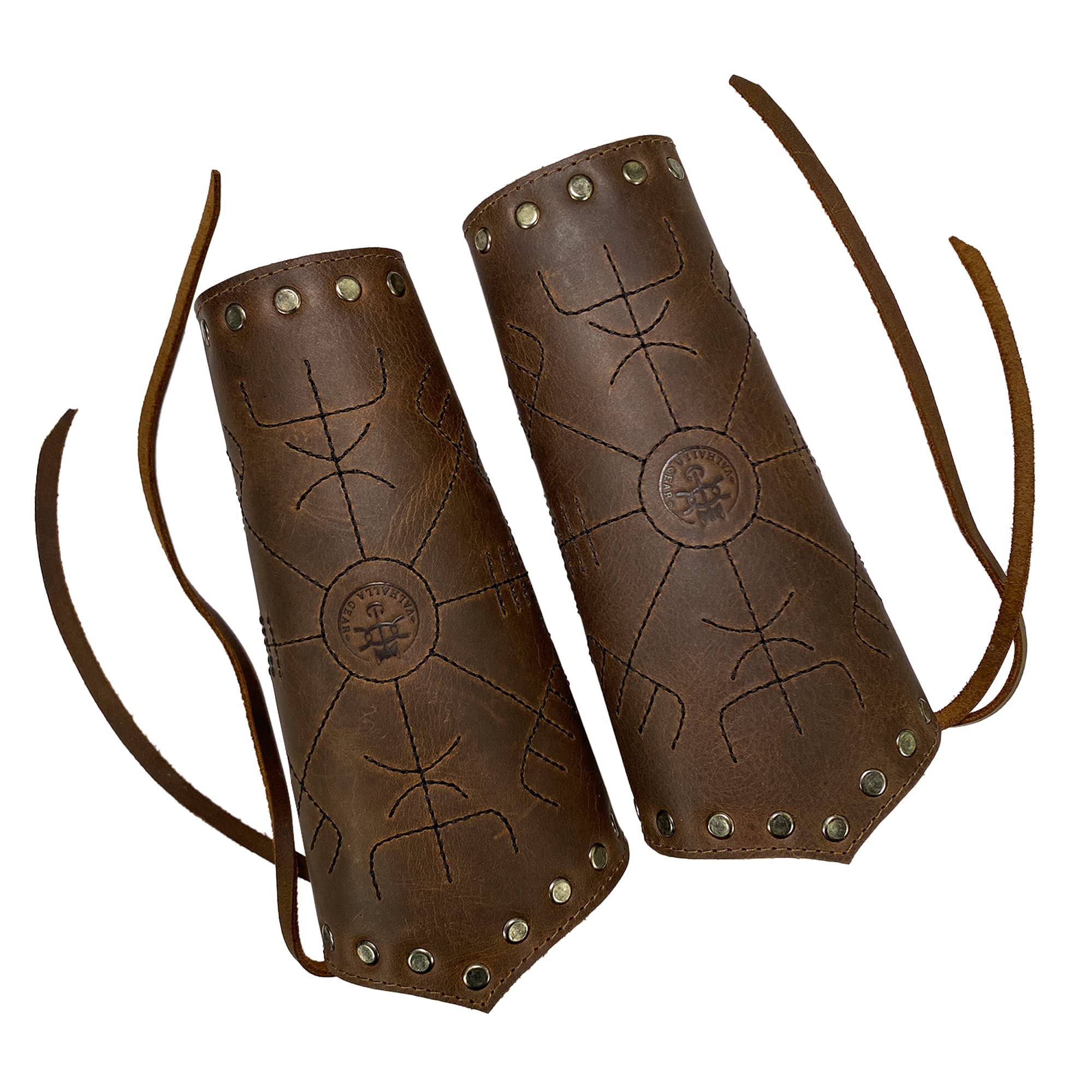 Valhalla Gear, Viking Bracer (2 Pack) Handmade from Full Grain Leather - Viking Style Hand Protector for Archery, Medieval Armband, Durable Wrist Guard with Adjustable Straps - Bourbon Brown