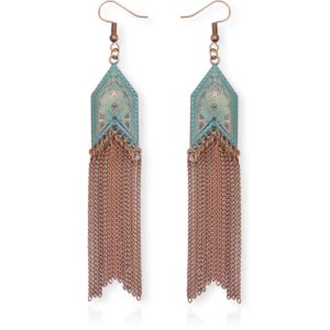 Soul Statement Western Jewelry for Women: Nashville Boho Earrings, Teal Copper & Long Bronze Tassel Chains, Country Concert and Festival Accessories