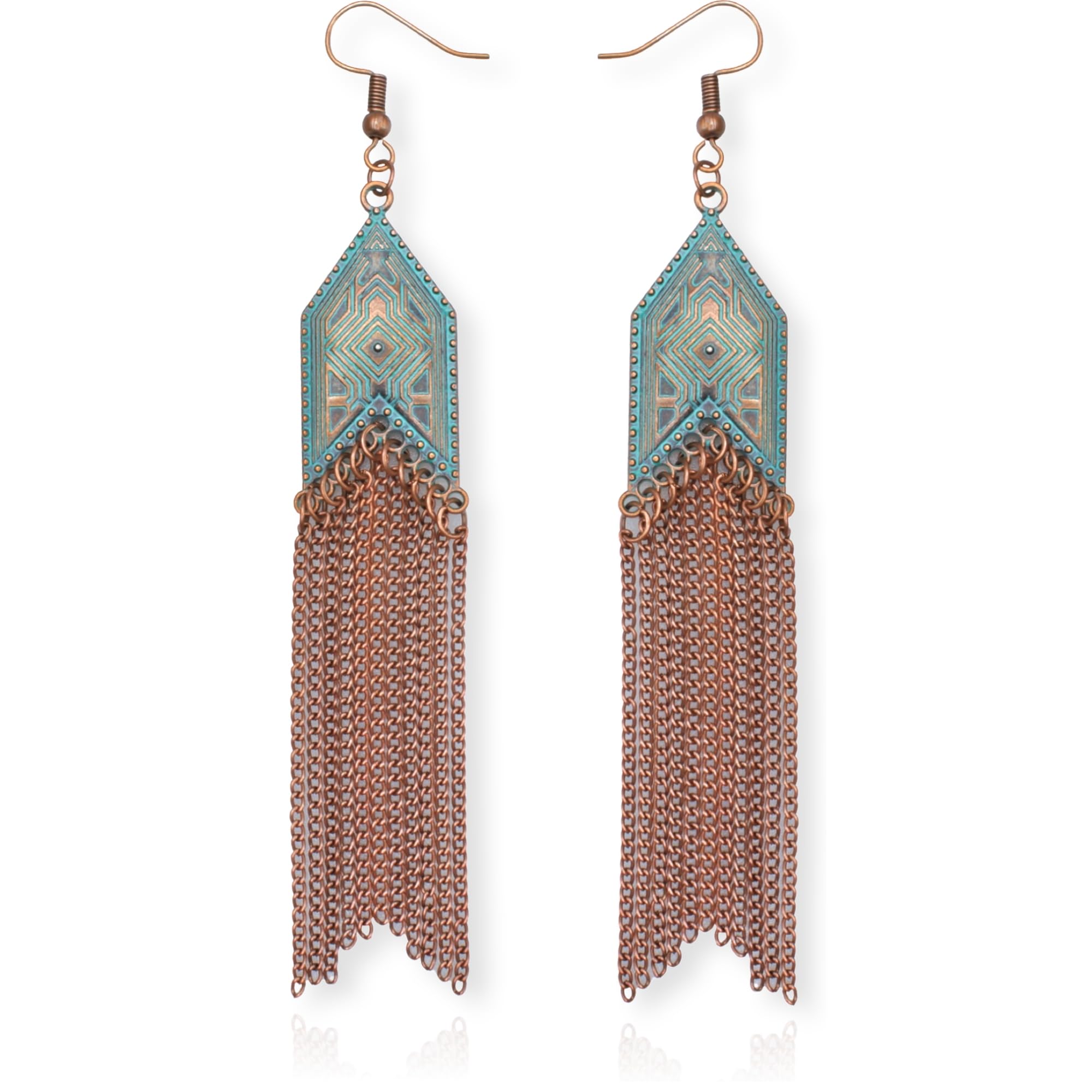 Soul Statement Western Jewelry for Women: Nashville Boho Earrings, Teal Copper & Long Bronze Tassel Chains, Country Concert and Festival Accessories