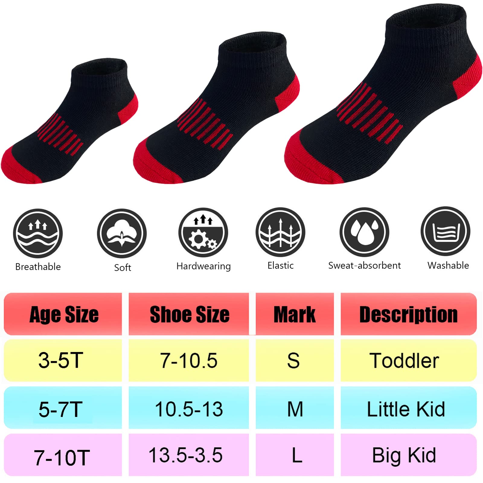 Tsmollyu Boy Socks 12 Pairs Ankle Athletic Cotton Socks Half Cushioned Low Cut Socks For Little Big Kids Age 3-10(7-10 Years)