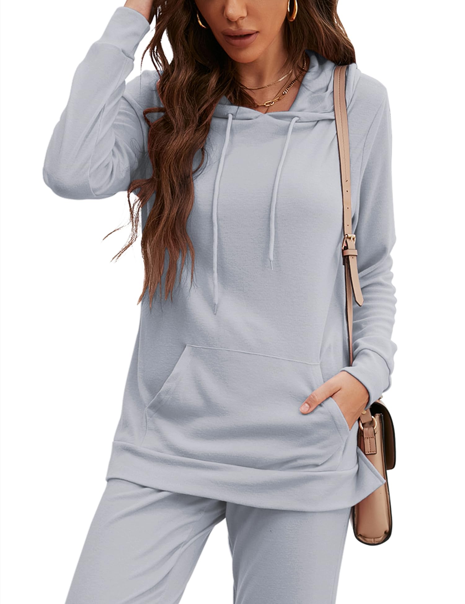 ZHENWEI Sweatsuits for Women Set Jogger Set Two Piece Tracksuit Casual Lounge Suit Long Pants Workout Athletic Outfits Hoodie Sweatshirts Pullover with Kangaroo Pockets (Light Grey,Small)