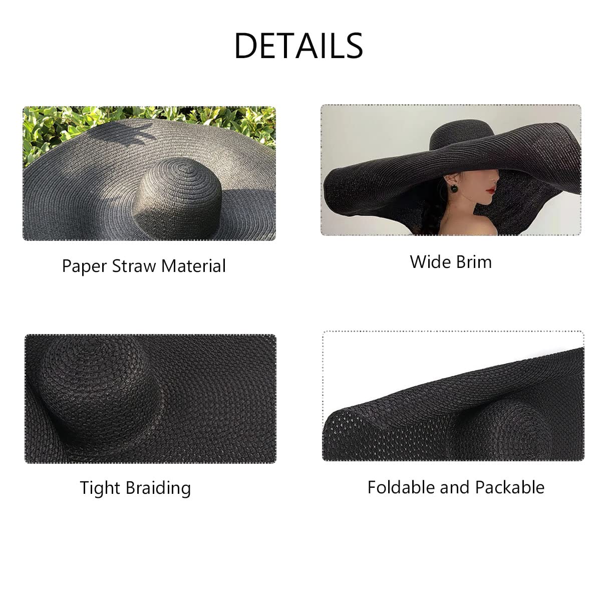 Oversized Beach Hat for Woman, Large Wide Brim Sun Hats, Floppy Foldable Giant Straw Hats for Women, Packable UV Protection Summer Hats for Ladies Black