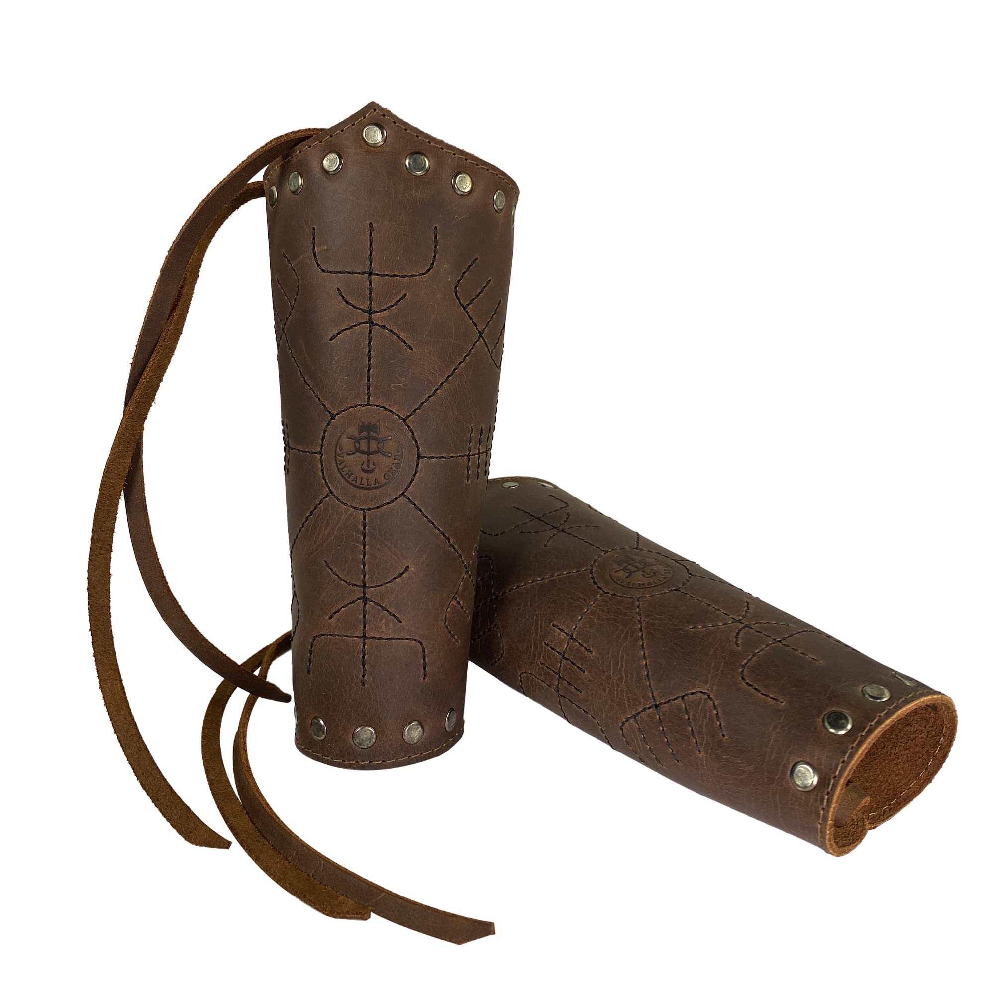 Valhalla Gear, Viking Bracer (2 Pack) Handmade from Full Grain Leather - Viking Style Hand Protector for Archery, Medieval Armband, Durable Wrist Guard with Adjustable Straps - Bourbon Brown