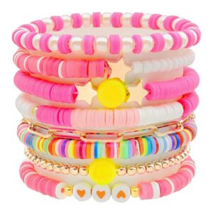 gigb pbdk heishi summer surfer bracelets set,colorful preppy heart star stretch beaded bracelet y2k clay polymer aesthetic beach layering jewelry