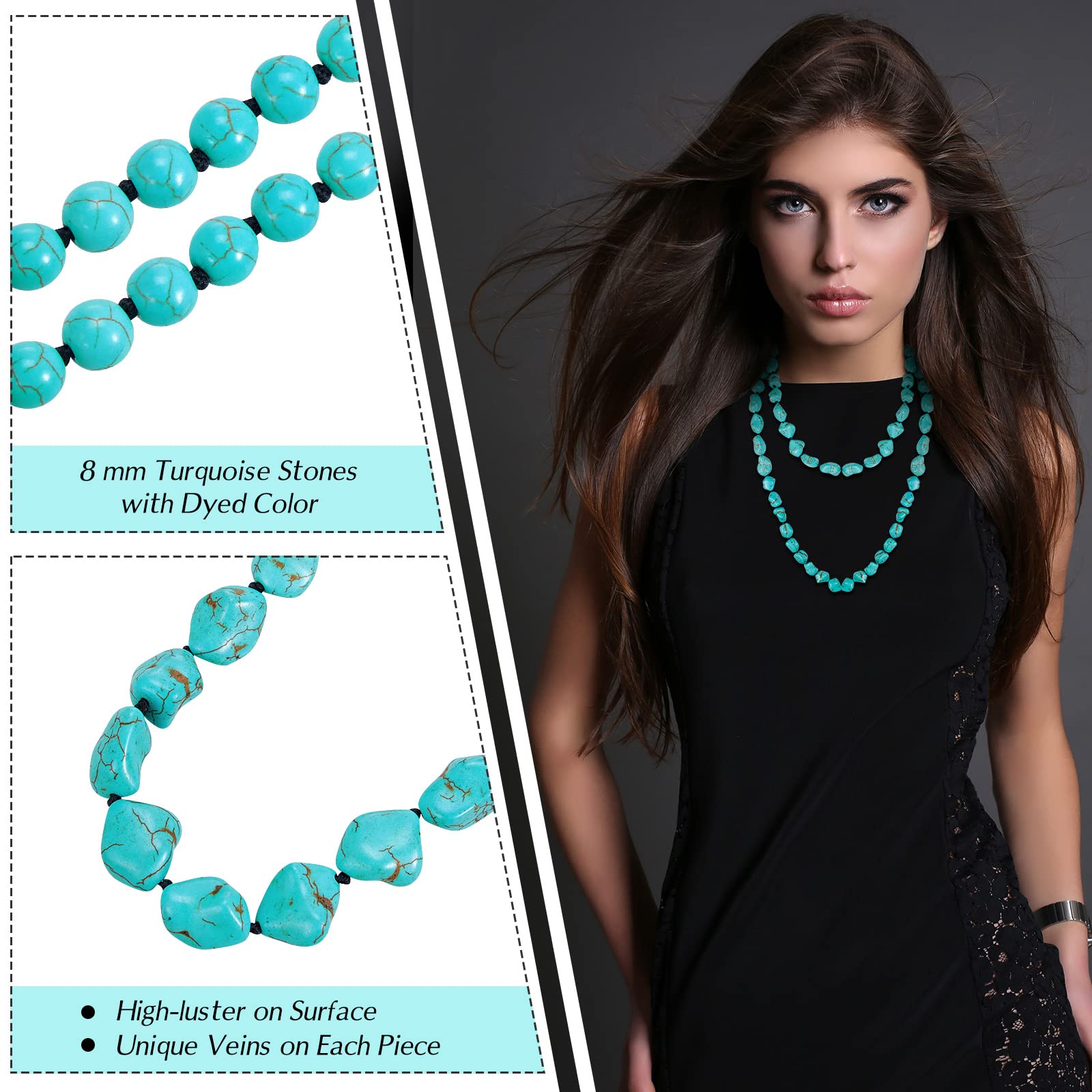 Henoyso 2 Pcs Turquoise Beads Necklace 47.5 Inch Long Endless Necklace Multi Strand Layer Necklace Knotted Homemade Jewelry(Fresh Style)